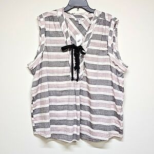 William Rast lace front v-neck cotton gauze tank striped pink gray white 3X